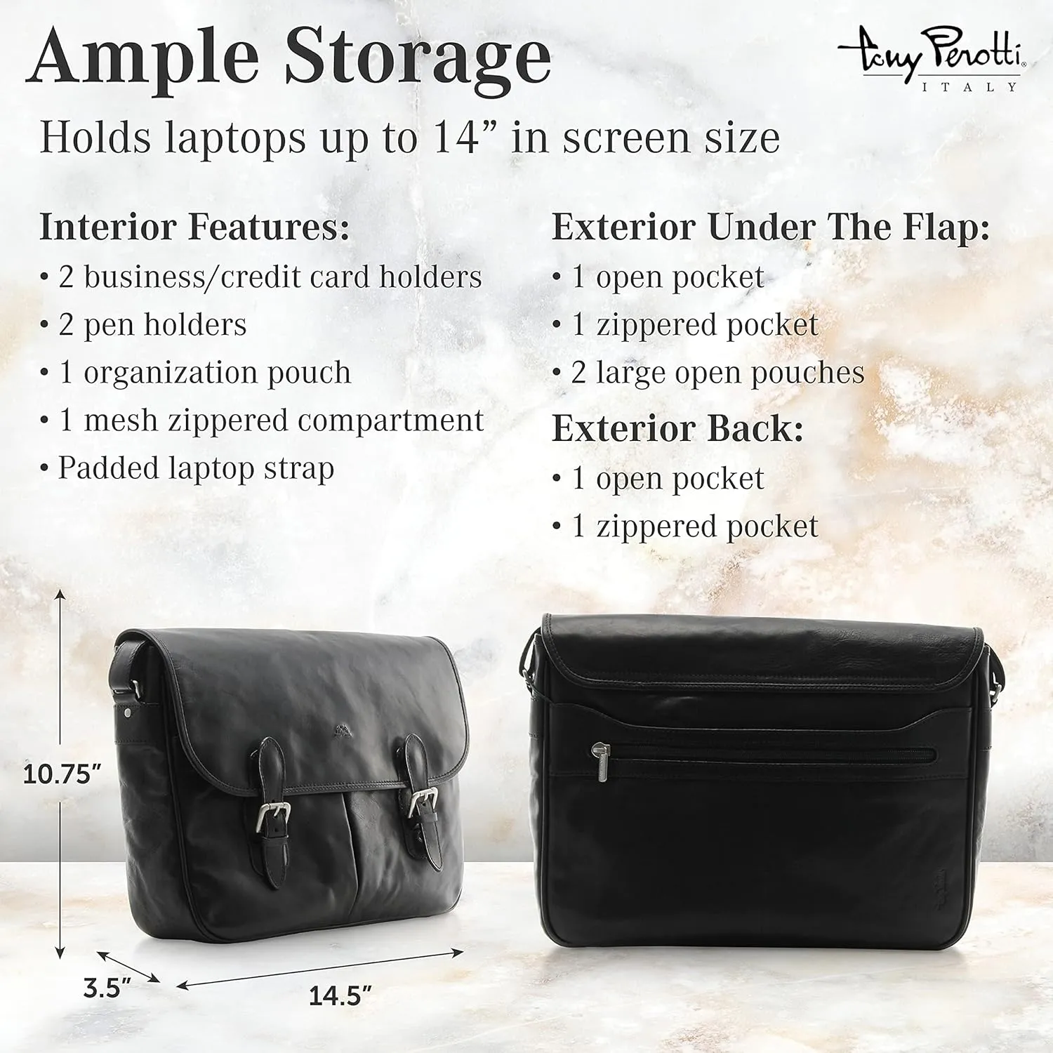 Tony Perotti Lorenzo 14.5" Italian Leather Laptop Bag for Men - Leather Computer Briefcase Saddleback Messenger Bag