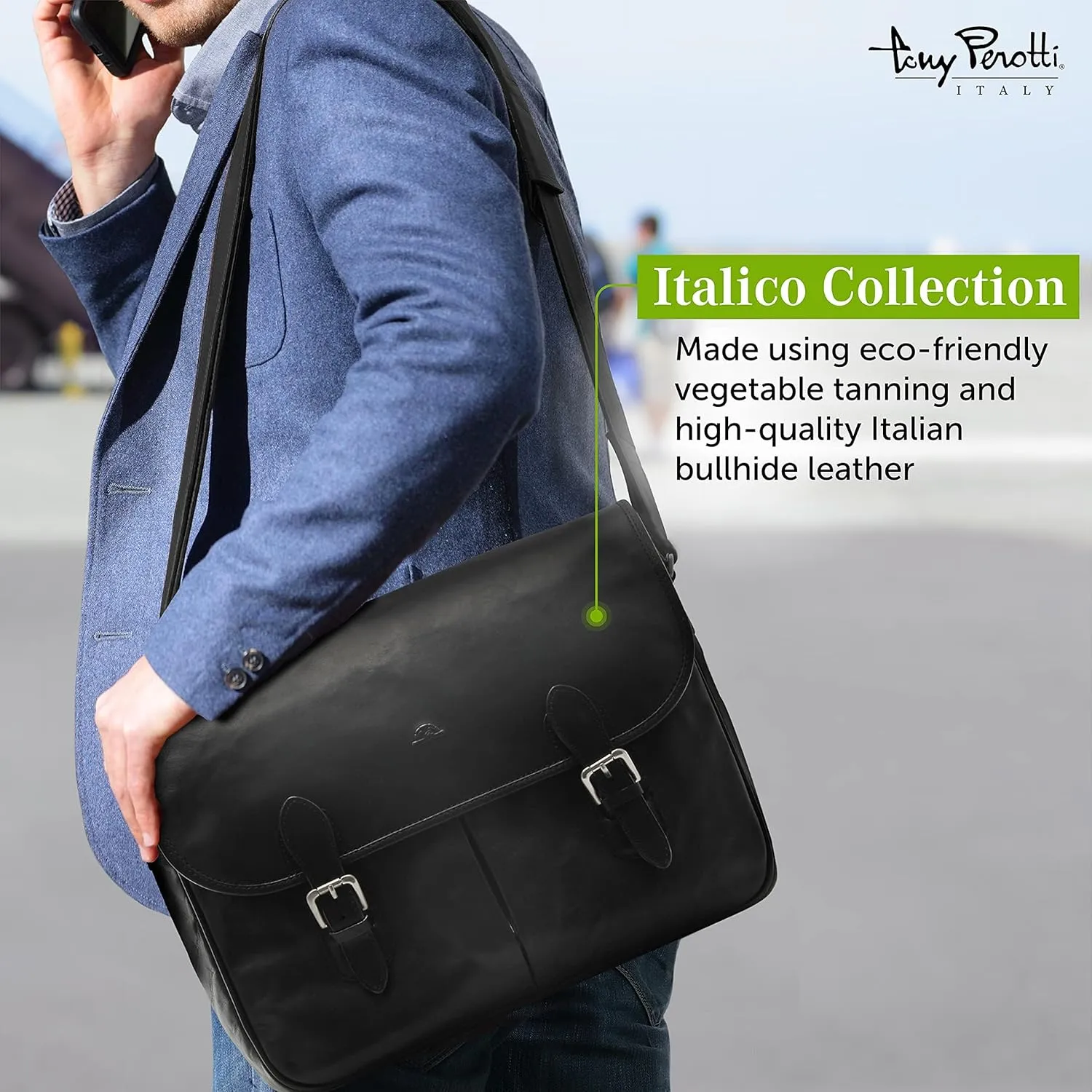 Tony Perotti Lorenzo 14.5" Italian Leather Laptop Bag for Men - Leather Computer Briefcase Saddleback Messenger Bag