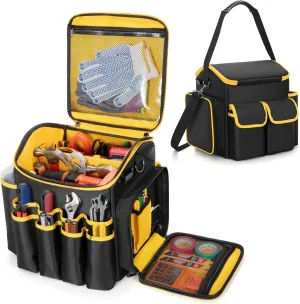Tool Bag with a Detachable Divider, Tool Tote with Multiple Pockets, Black