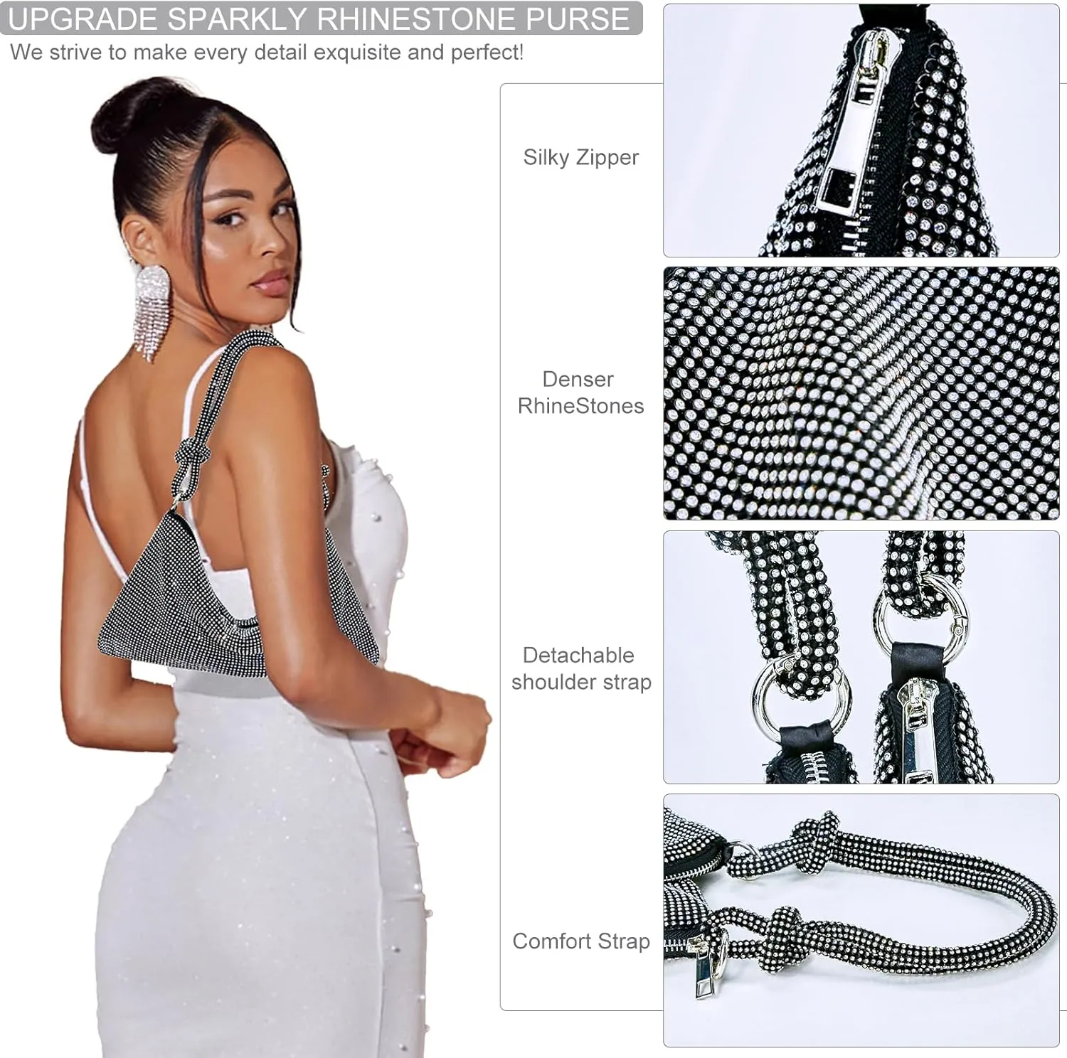 TOPALL Rhinestone Purse Sparkly Bag Silver Diamond Purses for Women Upgrade Evening Prom Rhinestone Handbag Hobo Bag