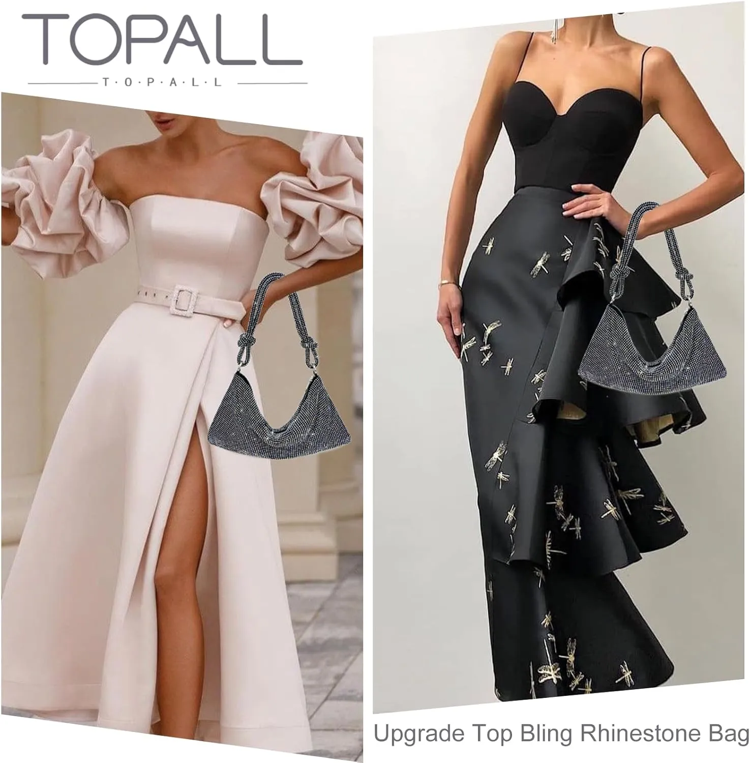 TOPALL Rhinestone Purse Sparkly Bag Silver Diamond Purses for Women Upgrade Evening Prom Rhinestone Handbag Hobo Bag