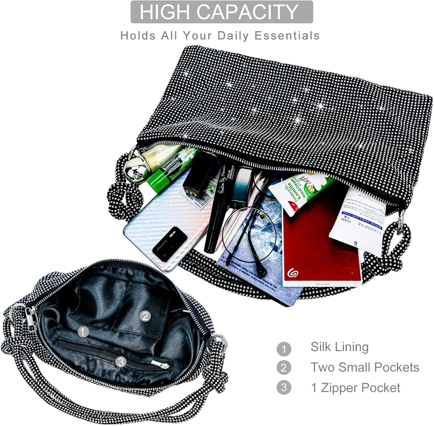 TOPALL Rhinestone Purse Sparkly Bag Silver Diamond Purses for Women Upgrade Evening Prom Rhinestone Handbag Hobo Bag