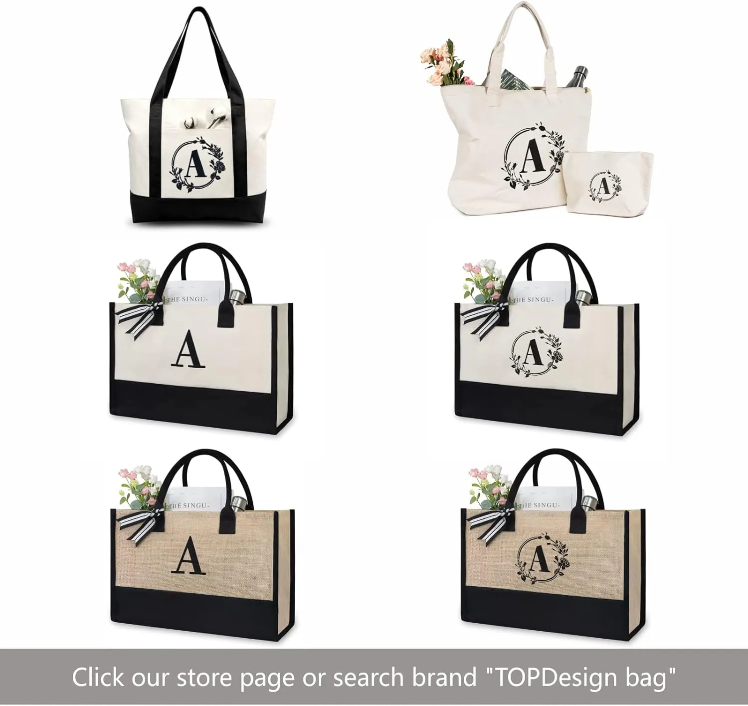 TOPDesign Embroidery Initial Canvas Tote Bag, Personalized Present Bag, Suitable for Wedding, Birthday, Beach, Holiday, is a Great Gift for Women, Mom, Teachers, Friends, Bridesmaids (Letter R)