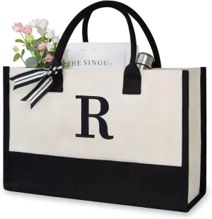 TOPDesign Embroidery Initial Canvas Tote Bag, Personalized Present Bag, Suitable for Wedding, Birthday, Beach, Holiday, is a Great Gift for Women, Mom, Teachers, Friends, Bridesmaids (Letter R)