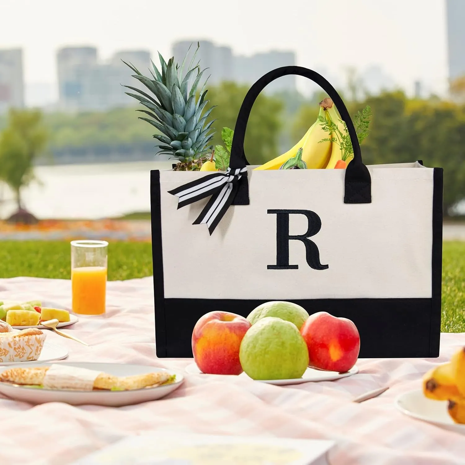 TOPDesign Embroidery Initial Canvas Tote Bag, Personalized Present Bag, Suitable for Wedding, Birthday, Beach, Holiday, is a Great Gift for Women, Mom, Teachers, Friends, Bridesmaids (Letter R)