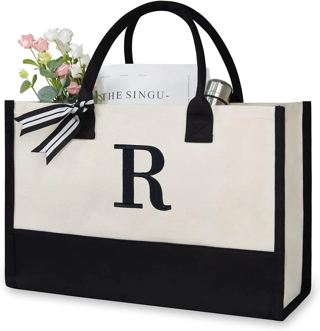 TOPDesign Embroidery Initial Canvas Tote Bag, Personalized Present Bag, Suitable for Wedding, Birthday, Beach, Holiday, is a Great Gift for Women, Mom, Teachers, Friends, Bridesmaids (Letter R)