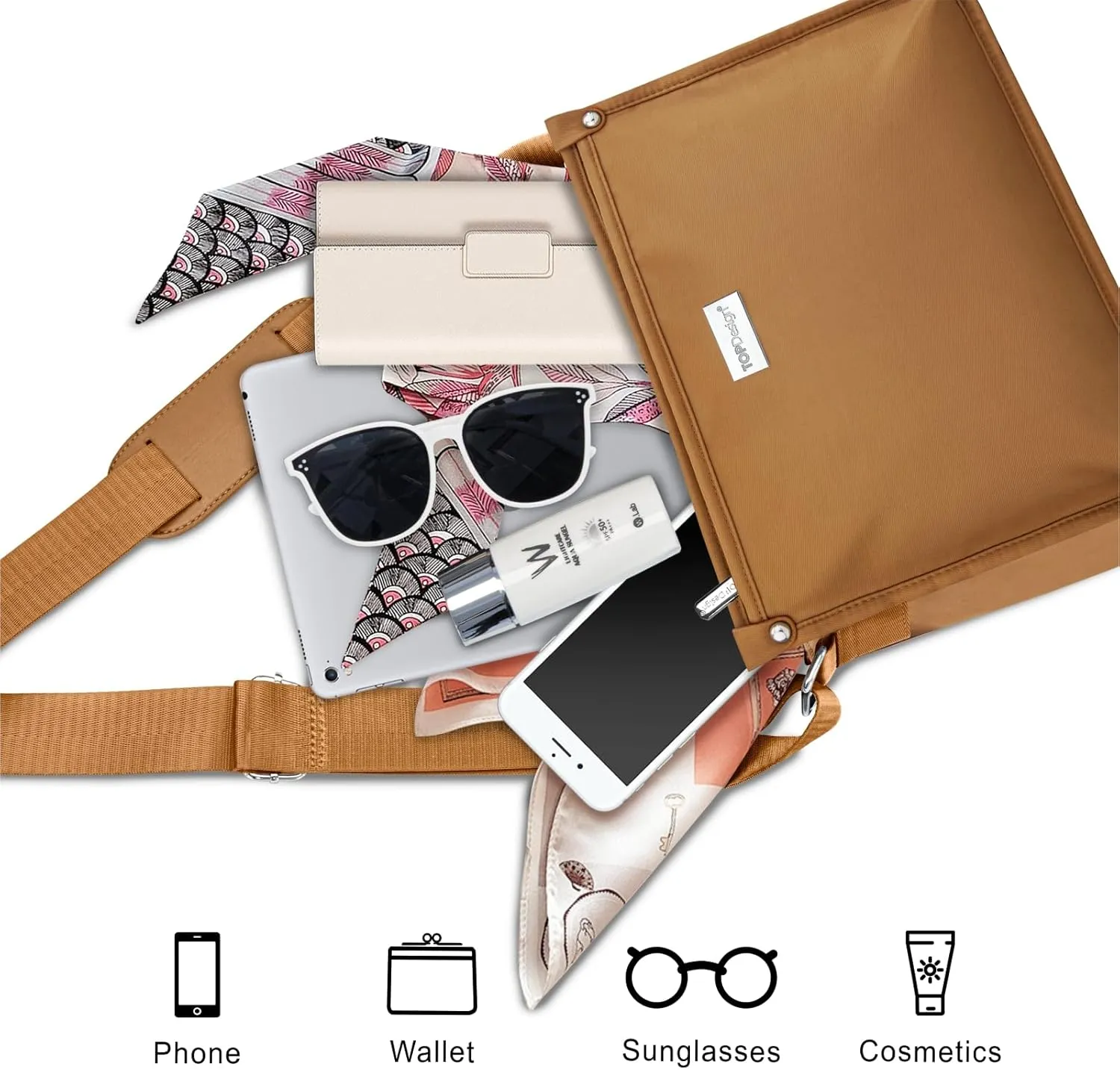 TOPDesign Lightweight Women Crossbody Bag, Shoulder Purse with Multiple Pockets, Triple Zip Handbag with Shoulder Strap