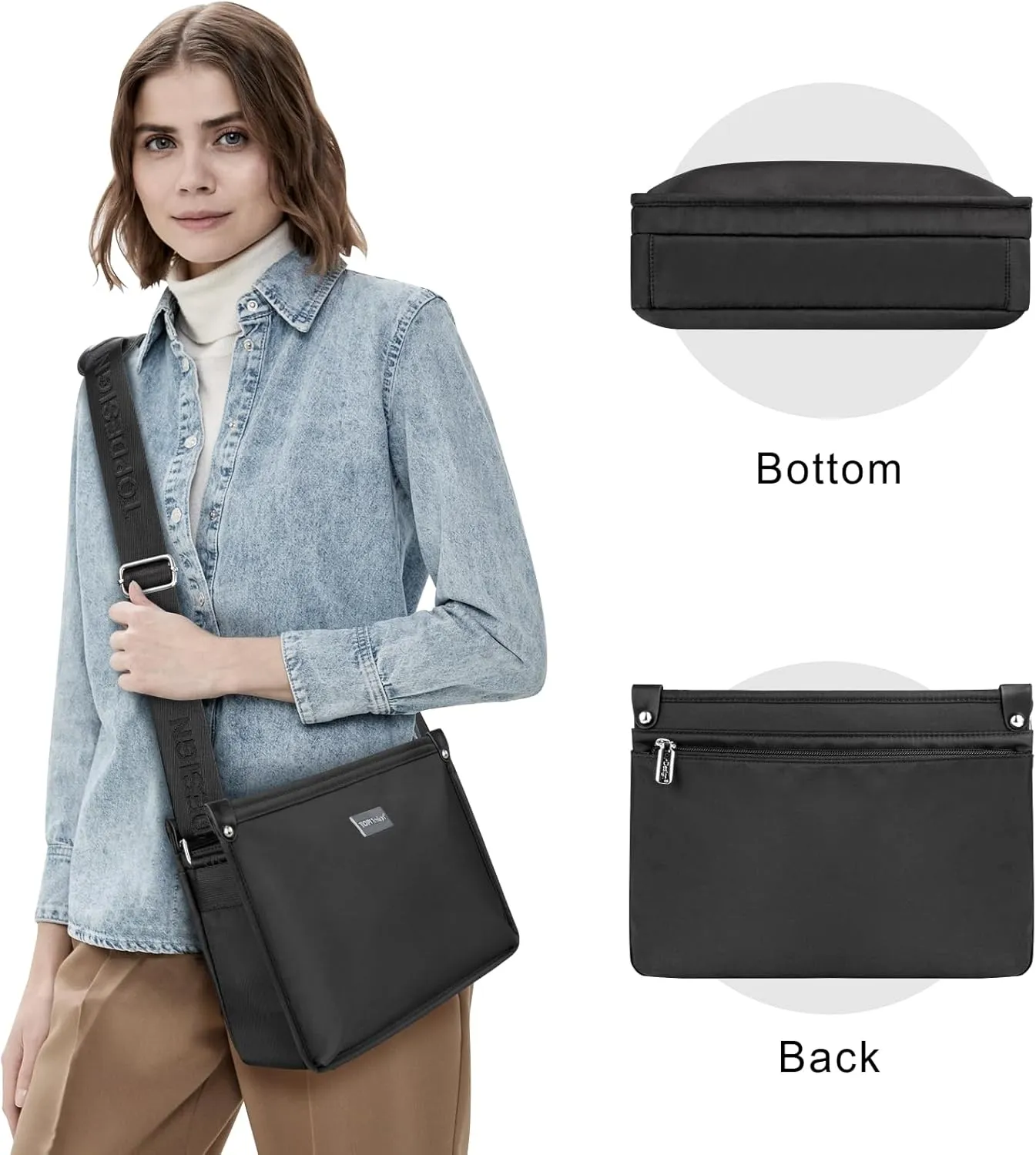 TOPDesign Lightweight Women Crossbody Bag, Shoulder Purse with Multiple Pockets, Triple Zip Handbag with Shoulder Strap