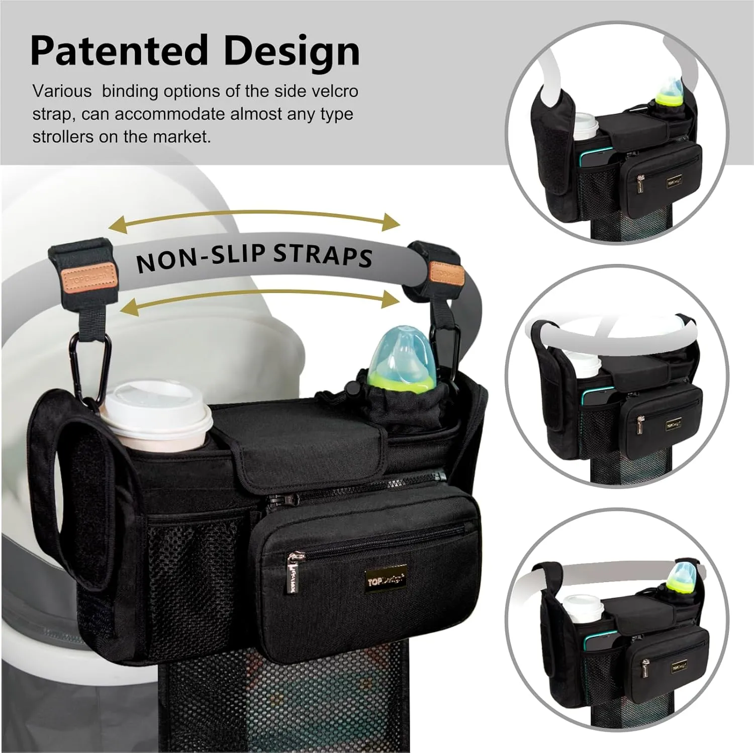 TOPDesign Universal Baby Stroller Organizer, Stroller Caddy with Detachable Mesh Bag & Heightened Insulated Cup Holders & Non-Slip Secure Hooks Accessories, Fits Most Strollers (Zoo)
