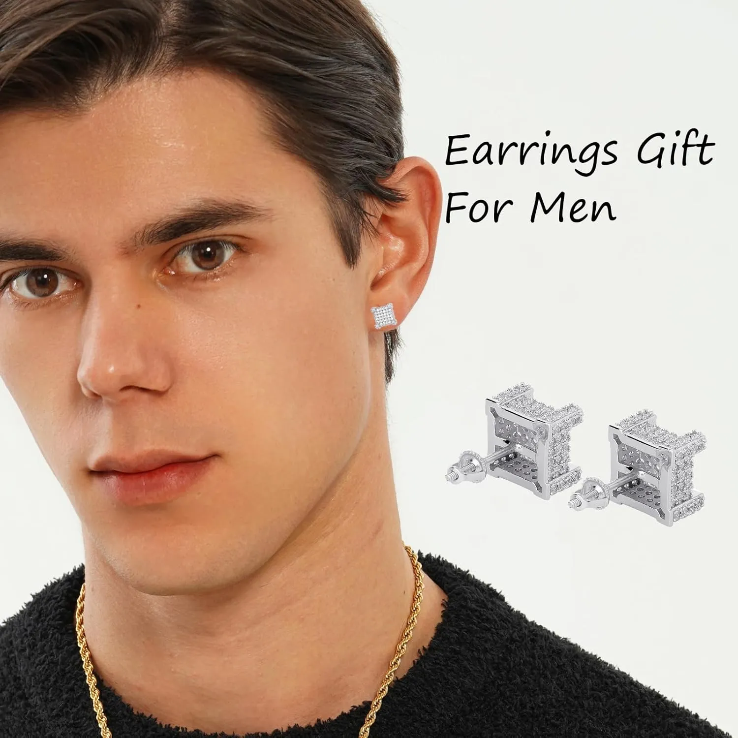 TOPGRILLZ 925 Sterling Silver Square Screw Stud Earrings 14K Gold Plated 5A  Cubic Zirconia Iced Out Square Screw Back Hypoallergenic Cube Large Stud Earrings For Men Women