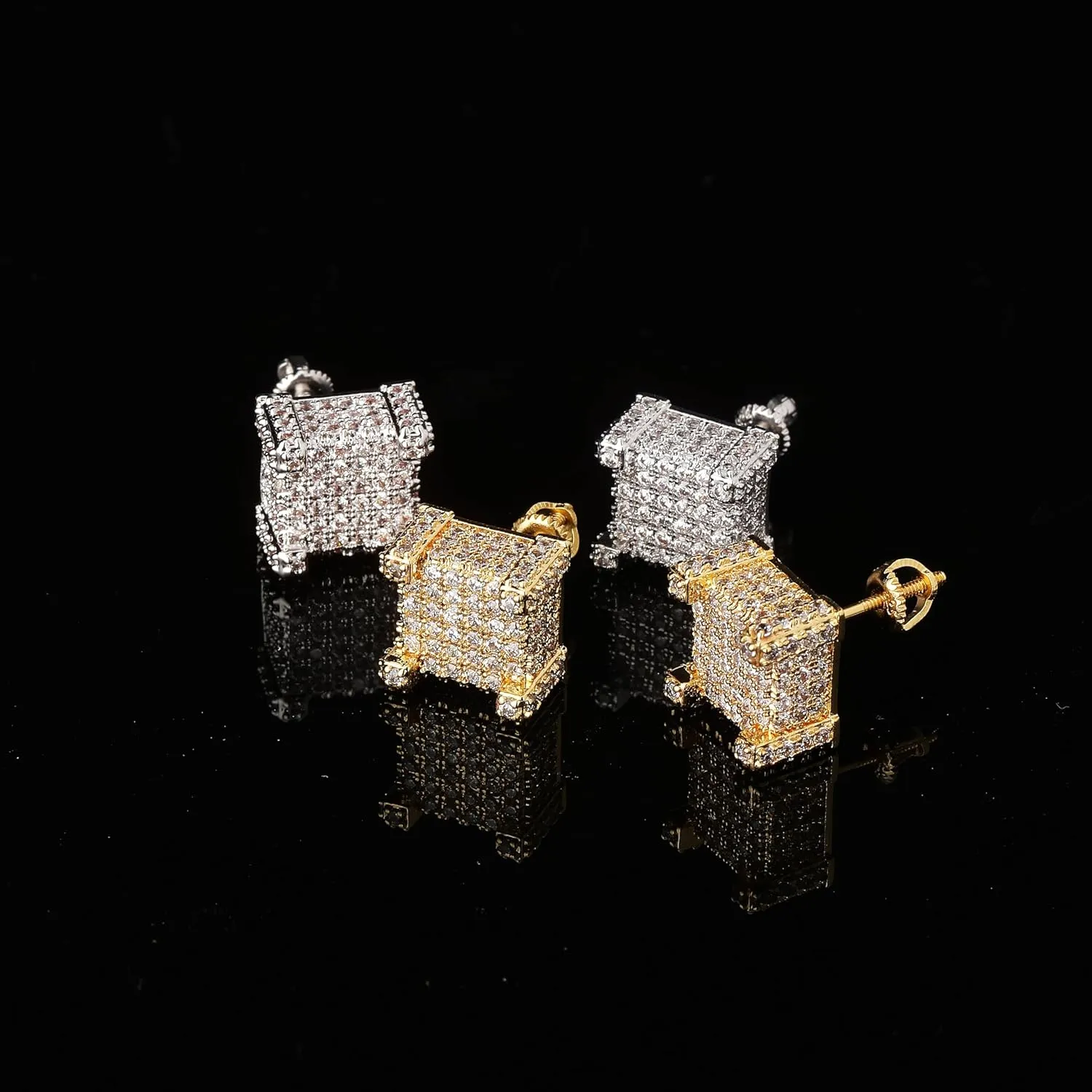 TOPGRILLZ 925 Sterling Silver Square Screw Stud Earrings 14K Gold Plated 5A  Cubic Zirconia Iced Out Square Screw Back Hypoallergenic Cube Large Stud Earrings For Men Women
