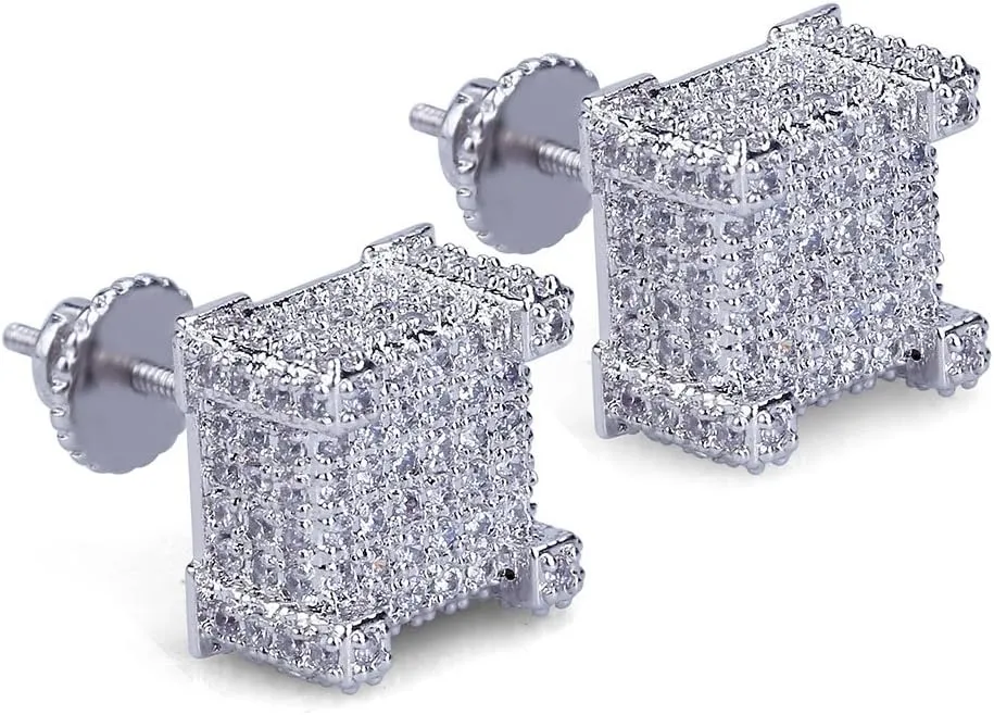 TOPGRILLZ 925 Sterling Silver Square Screw Stud Earrings 14K Gold Plated 5A  Cubic Zirconia Iced Out Square Screw Back Hypoallergenic Cube Large Stud Earrings For Men Women