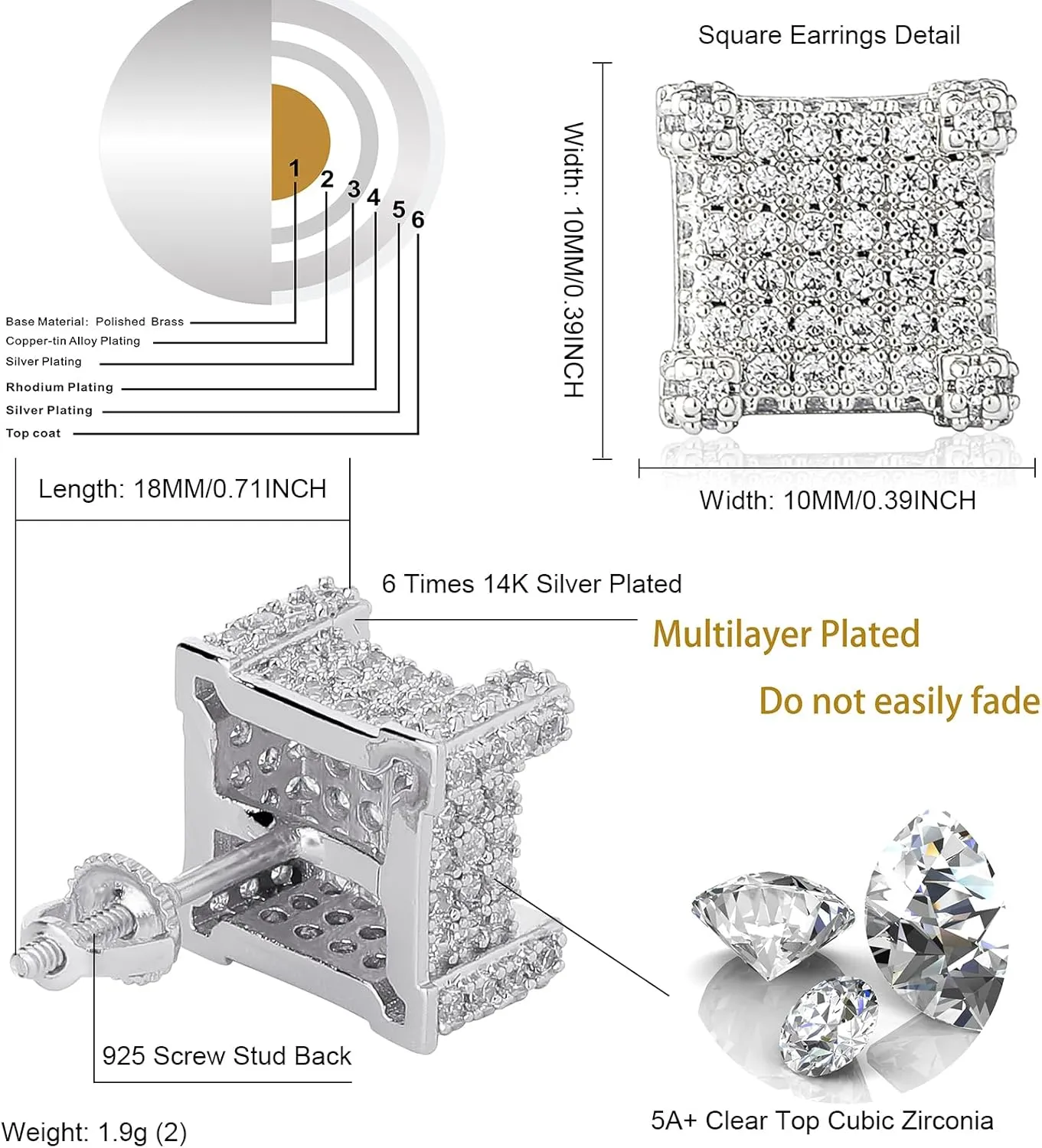 TOPGRILLZ 925 Sterling Silver Square Screw Stud Earrings 14K Gold Plated 5A  Cubic Zirconia Iced Out Square Screw Back Hypoallergenic Cube Large Stud Earrings For Men Women