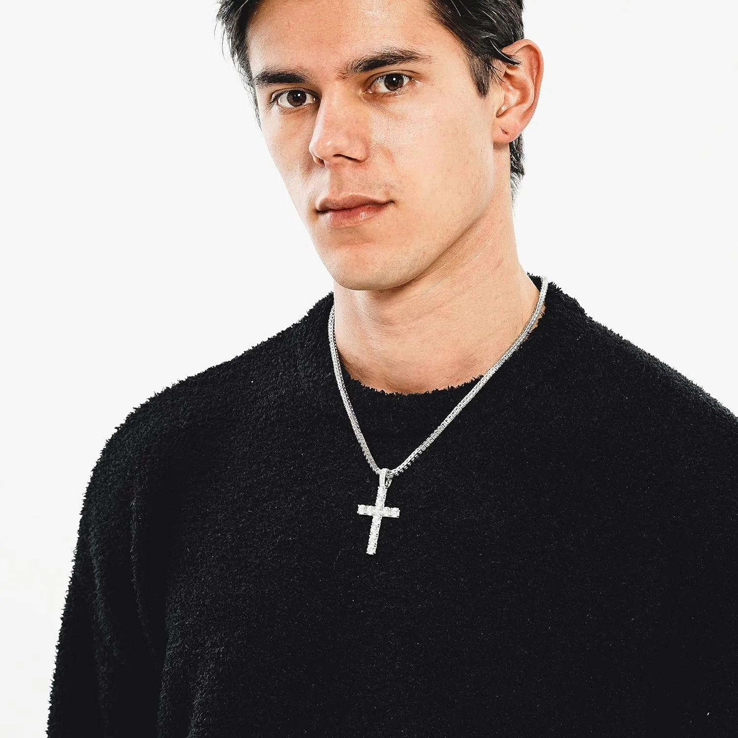 TOPGRILLZ Cross Necklace for Men Gold Necklace for Women Gold Heart Cross Jewelry 14K Silver Plated Solid Iced Cubic Zirconia Stainless Steel Pendant Chain