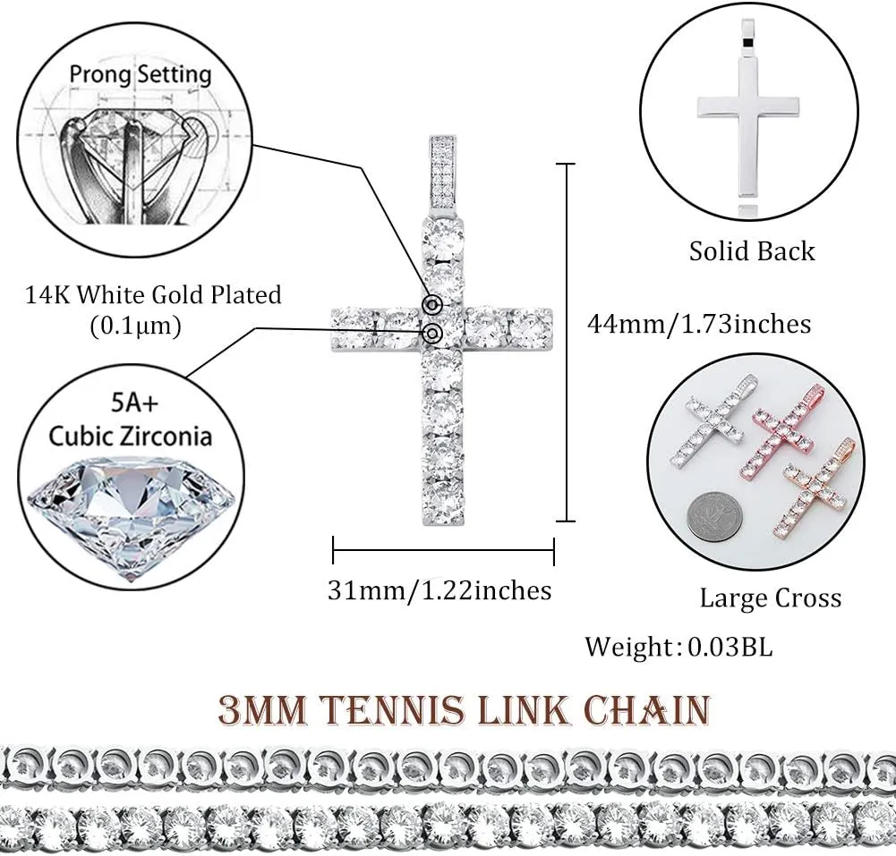 TOPGRILLZ Cross Necklace for Men Gold Necklace for Women Gold Heart Cross Jewelry 14K Silver Plated Solid Iced Cubic Zirconia Stainless Steel Pendant Chain