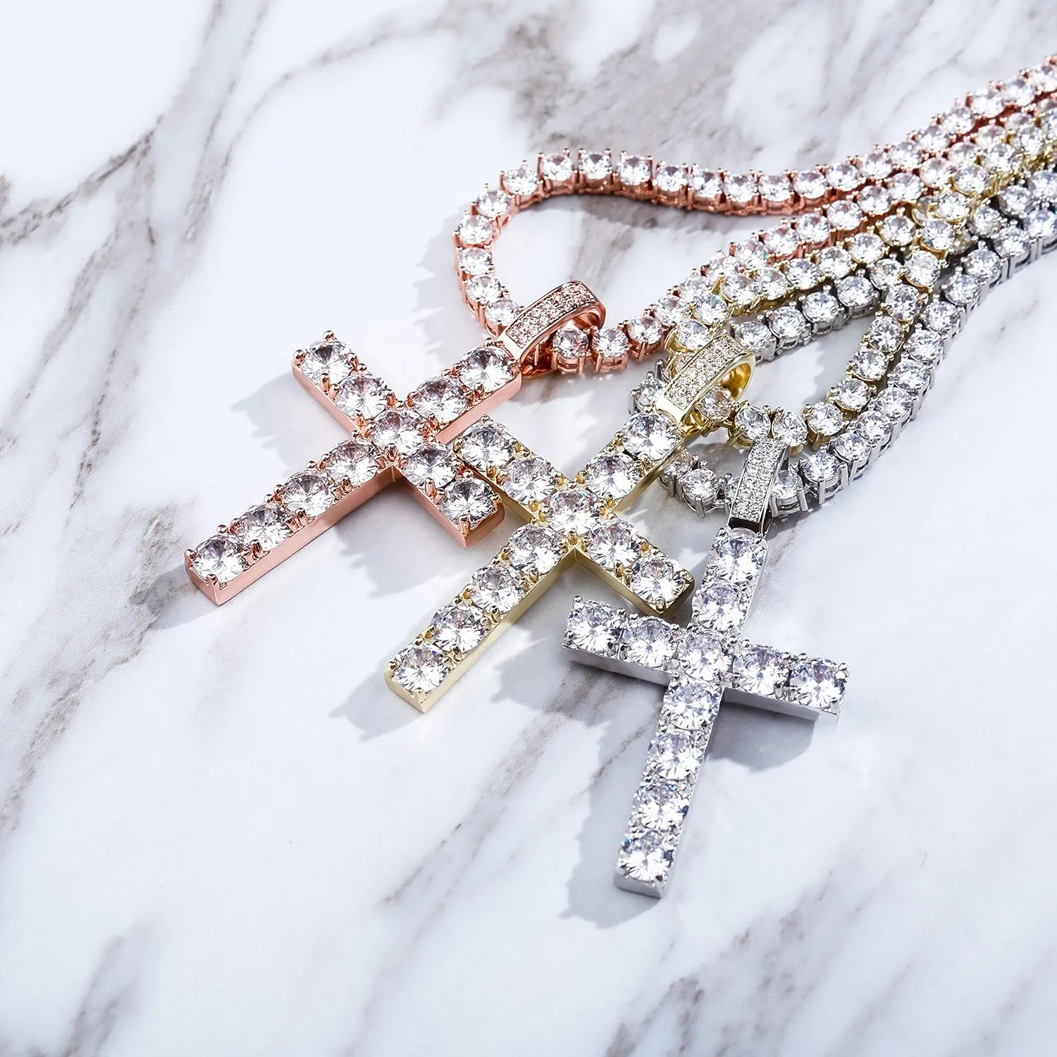 TOPGRILLZ Cross Necklace for Men Gold Necklace for Women Gold Heart Cross Jewelry 14K Silver Plated Solid Iced Cubic Zirconia Stainless Steel Pendant Chain