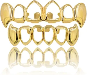 TOPGRILLZ Vampire Teeth Grillz Grills for Your Teeth 14K Gold Plated Vampire Fangs Open Face Gold Grillz for Men Women Hip Hop Cosplay Rapper Costume Accessory (Extra 2 Molding Bars)