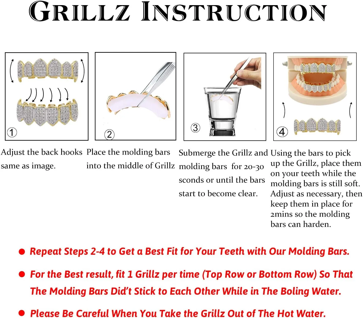 TOPGRILLZ Vampire Teeth Grillz Grills for Your Teeth 14K Gold Plated Vampire Fangs Open Face Gold Grillz for Men Women Hip Hop Cosplay Rapper Costume Accessory (Extra 2 Molding Bars)