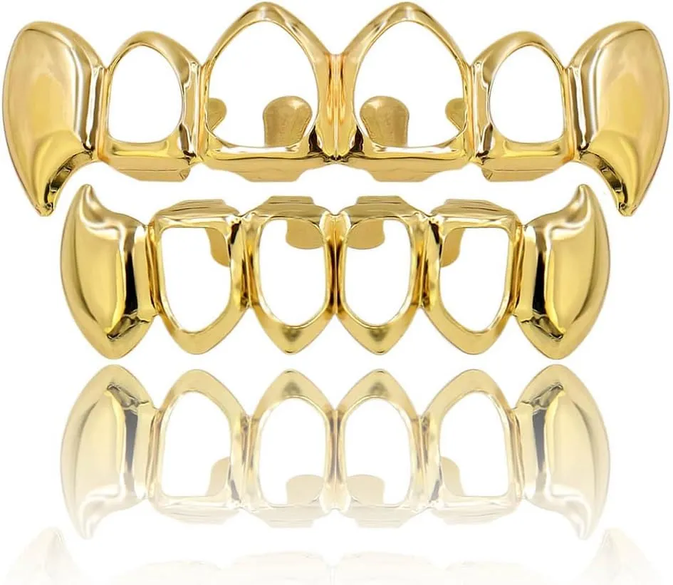 TOPGRILLZ Vampire Teeth Grillz Grills for Your Teeth 14K Gold Plated Vampire Fangs Open Face Gold Grillz for Men Women Hip Hop Cosplay Rapper Costume Accessory (Extra 2 Molding Bars)