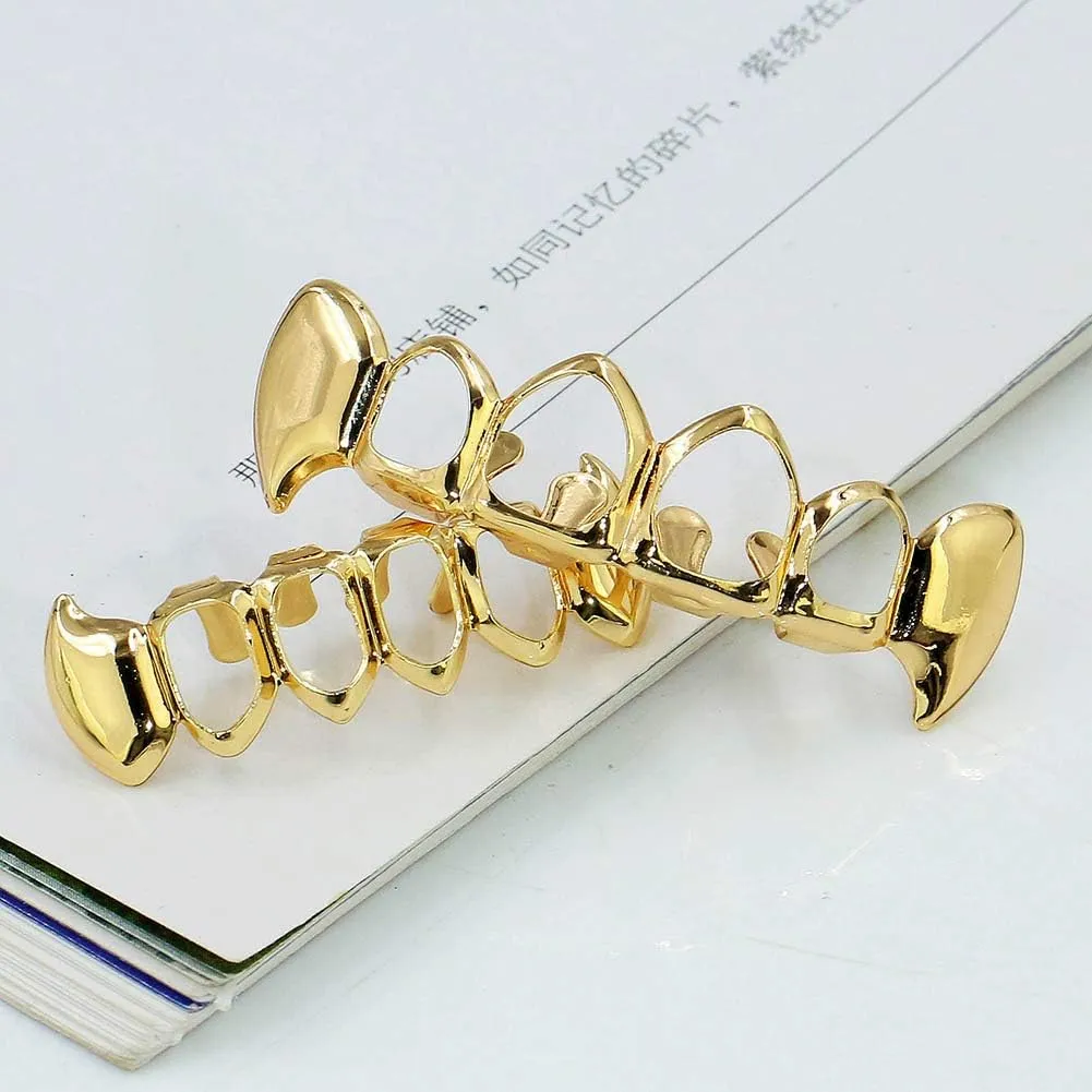 TOPGRILLZ Vampire Teeth Grillz Grills for Your Teeth 14K Gold Plated Vampire Fangs Open Face Gold Grillz for Men Women Hip Hop Cosplay Rapper Costume Accessory (Extra 2 Molding Bars)