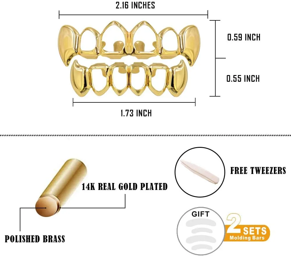 TOPGRILLZ Vampire Teeth Grillz Grills for Your Teeth 14K Gold Plated Vampire Fangs Open Face Gold Grillz for Men Women Hip Hop Cosplay Rapper Costume Accessory (Extra 2 Molding Bars)