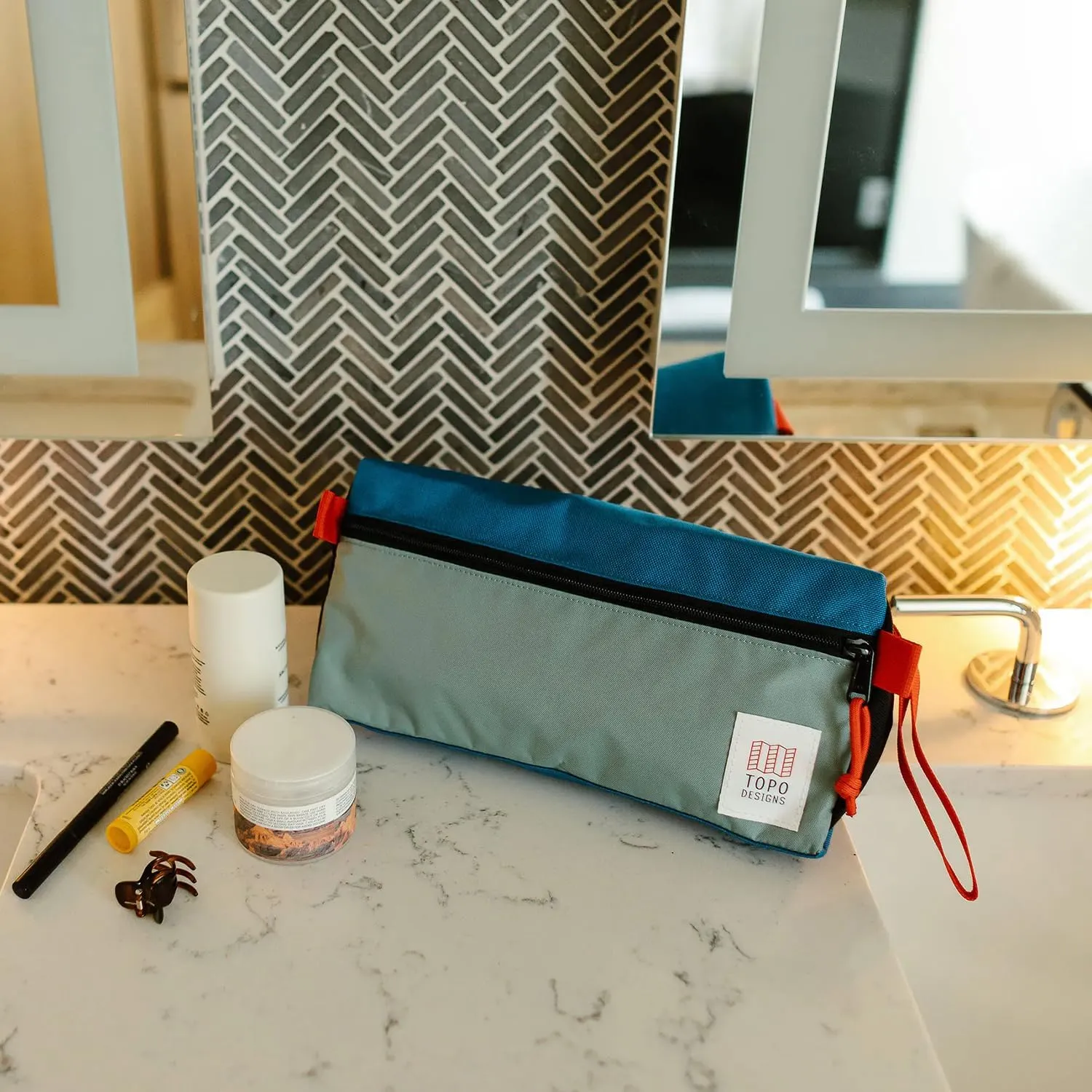 Topo Designs Dopp Kit - Travel Bag for Personal Care Essentials, Self Standing Shape, Fully Lined, Recycled Nylon (Denim/Burgundy)
