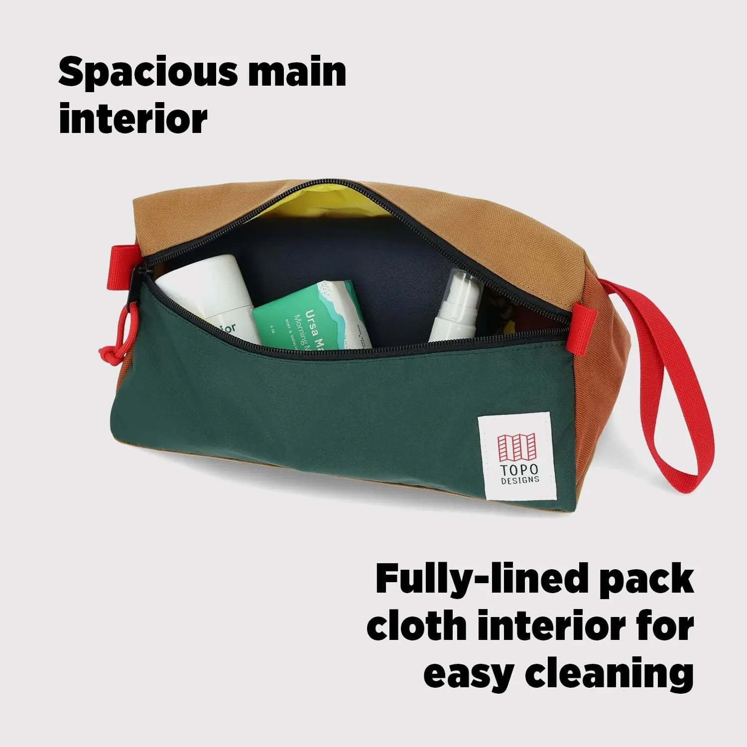 Topo Designs Dopp Kit - Travel Bag for Personal Care Essentials, Self Standing Shape, Fully Lined, Recycled Nylon (Denim/Burgundy)