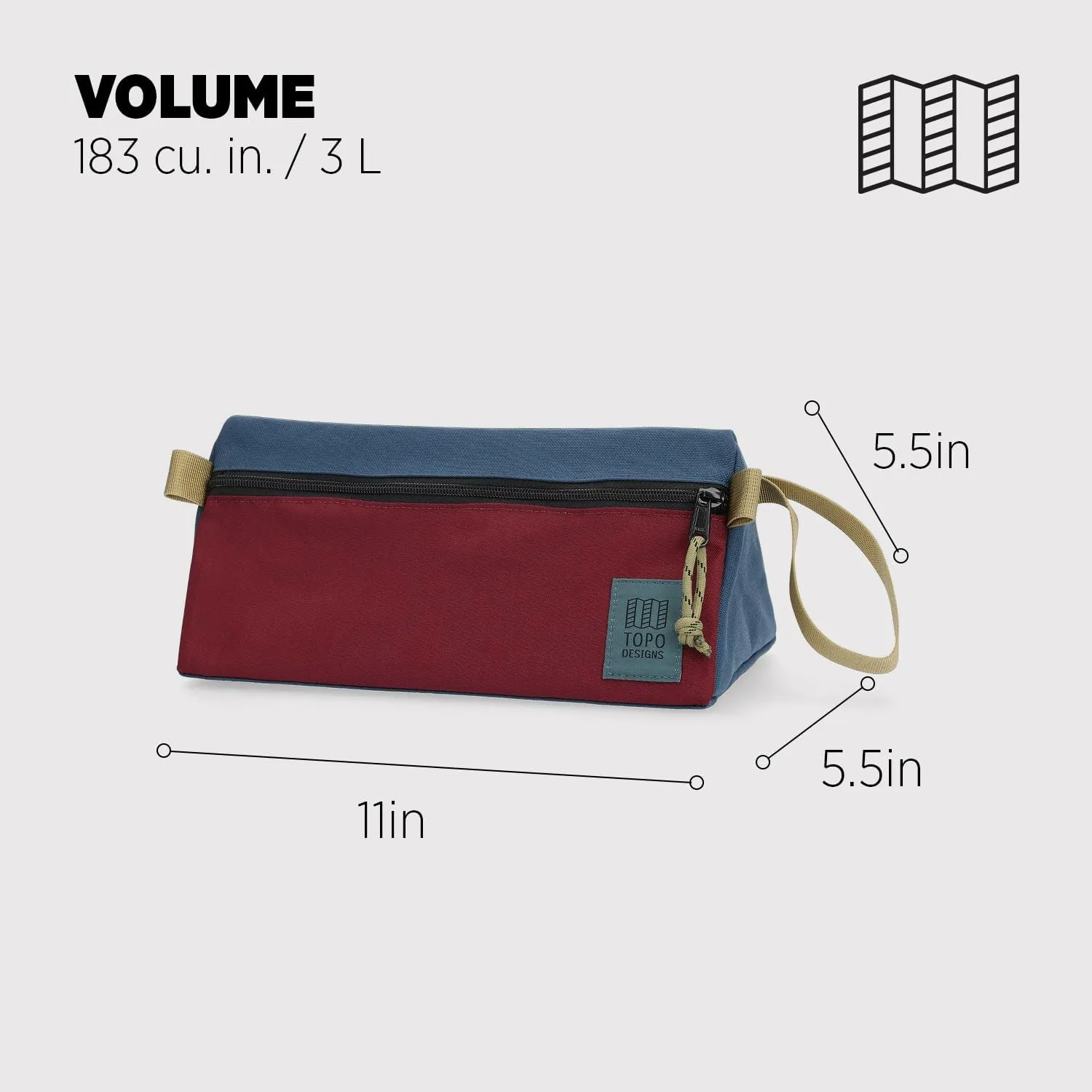 Topo Designs Dopp Kit - Travel Bag for Personal Care Essentials, Self Standing Shape, Fully Lined, Recycled Nylon (Denim/Burgundy)