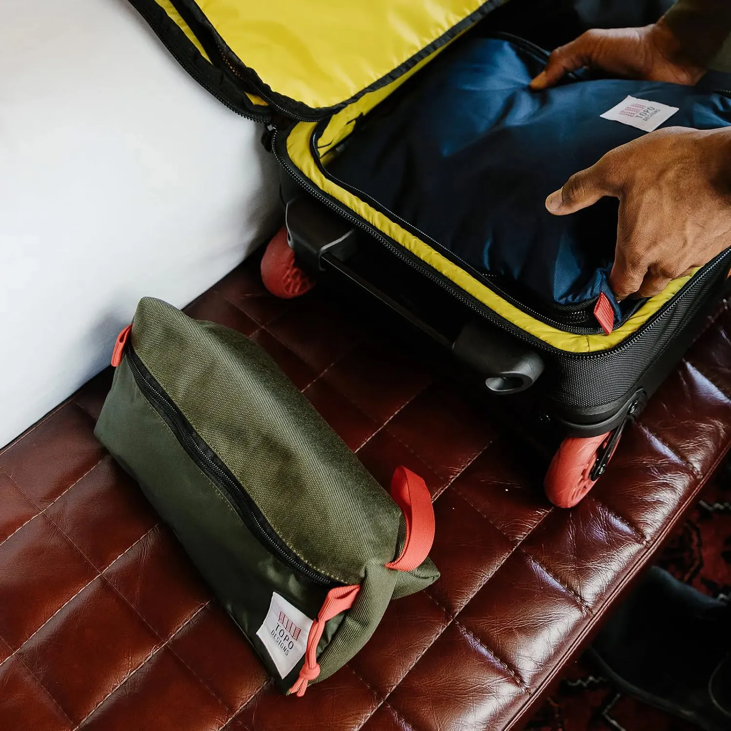 Topo Designs Dopp Kit - Travel Bag for Personal Care Essentials, Self Standing Shape, Fully Lined, Recycled Nylon (Denim/Burgundy)