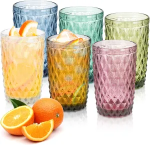 Topsky Highball Drinking Glasses Set of 6,12 oz Colored Glassware with Geometric Diamond Pattern,Embossed Diamond Tumblers,Blue Vintage Glassware Set for Beer,Juice,Cocktail