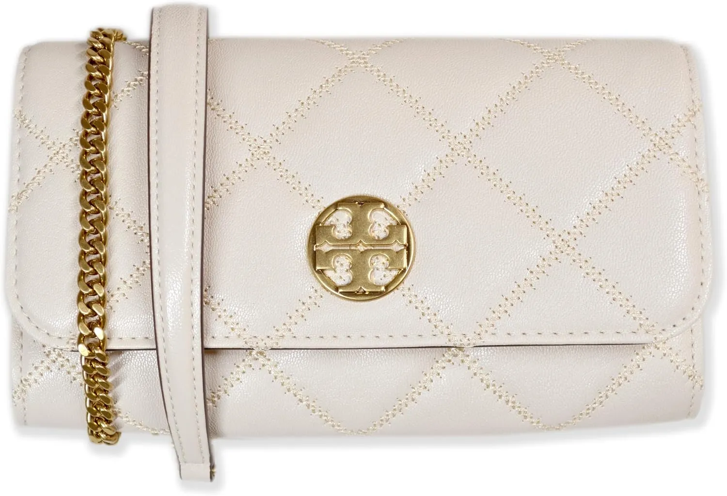 Tory Burch Womens 150076 Willa Diamond Quilted Soft Leather Crossbody Chain Wallet Bag, (724 Brie Beige)