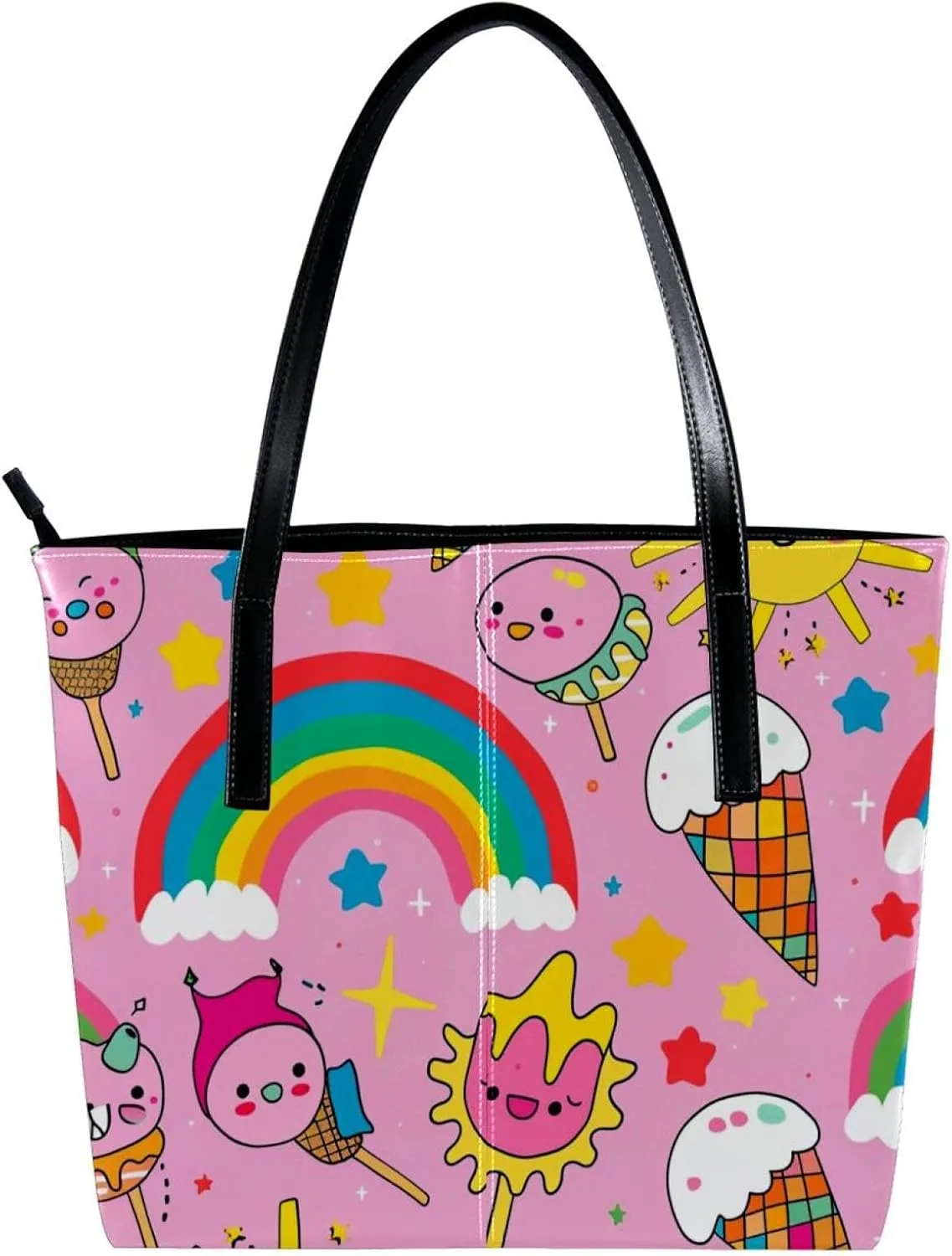 Tote Bag, Large Tote Bags for Women, Women's Tote Handbags, Cartoon Rainbow Ice Cream Cloud Sun, Tote Bags Women