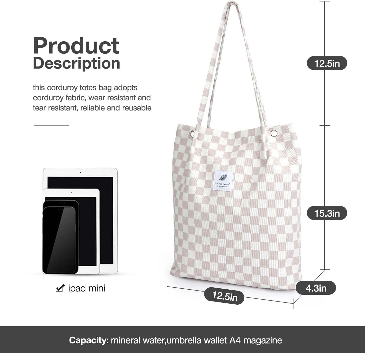 Tote Women Girls, Large Capacity Corduroy Reusable Grocery Shoulder Bag with Inner Pockets