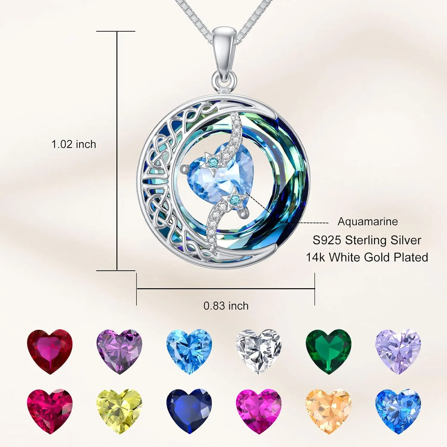 TOUPOP Mothers Day Gifts Birthstone Necklace for Women 925 Sterling Silver Moon and Star Pendant Celtic Moon Crystal Jewelry Anniversary Birthday Gift for Mom Wife Her Girlfriend