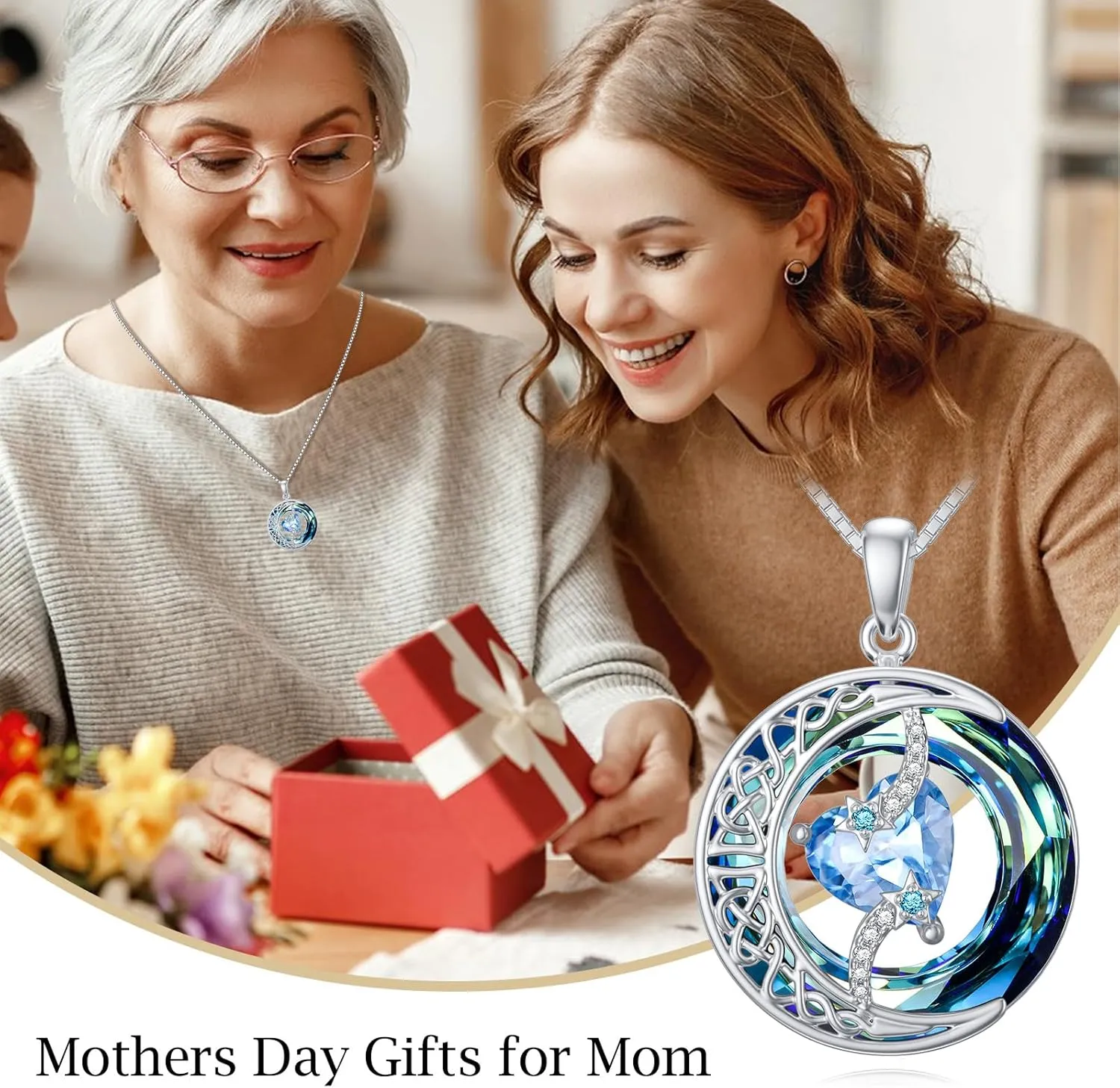 TOUPOP Mothers Day Gifts Birthstone Necklace for Women 925 Sterling Silver Moon and Star Pendant Celtic Moon Crystal Jewelry Anniversary Birthday Gift for Mom Wife Her Girlfriend