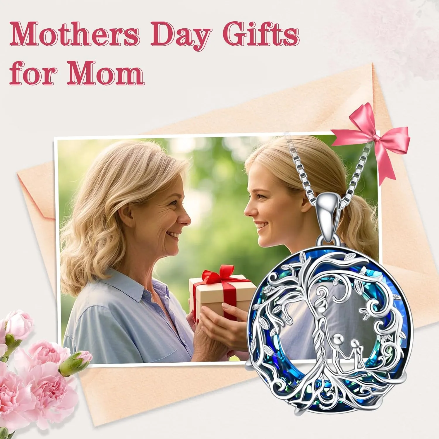 TOUPOP Mothers Day Gifts for Mom, Mothers and Daughter/Son Necklace, 925 Sterling Silver Tree of Life Pendant Family Crystal Jewelry Birthday Gifts for Women Mother Grandma Wife
