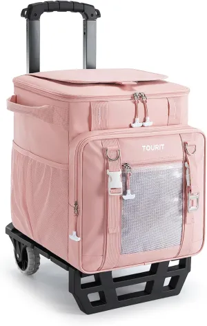 TOURIT 30L/50-Can Cooler with Wheels - 16Hrs Ice Retention Rolling Cooler with Retractable Handle & Oversized All-Terrain Tires, PU-Coated Waterproof Soft Cooler Bag for Camping, Beach Travel, Picnics