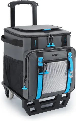 TOURIT 30L/50-Can Cooler with Wheels - 16Hrs Ice Retention Rolling Cooler with Retractable Handle & Oversized All-Terrain Tires, PU-Coated Waterproof Soft Cooler Bag for Camping, Beach Travel, Picnics