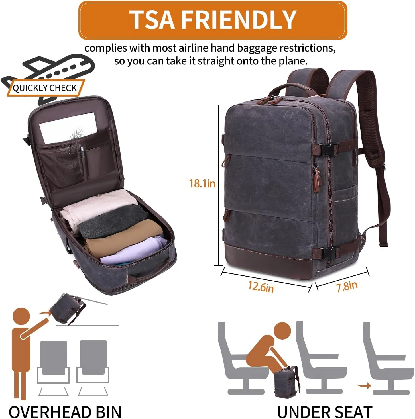 Travel Backpack for Men Carry On Backpack Flight Approved Personal Item Backpack, 18.4 inch Laptop Backpack Casual Daypack Weekender Business Hiking Backpack, Black Gray