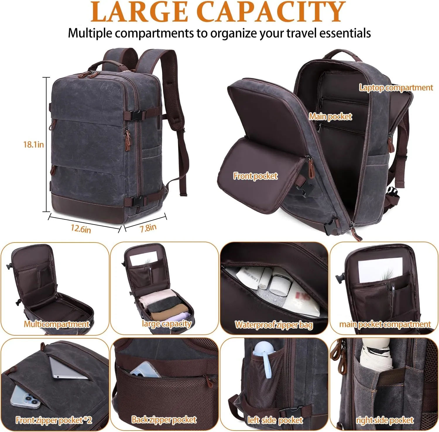 Travel Backpack for Men Carry On Backpack Flight Approved Personal Item Backpack, 18.4 inch Laptop Backpack Casual Daypack Weekender Business Hiking Backpack, Black Gray