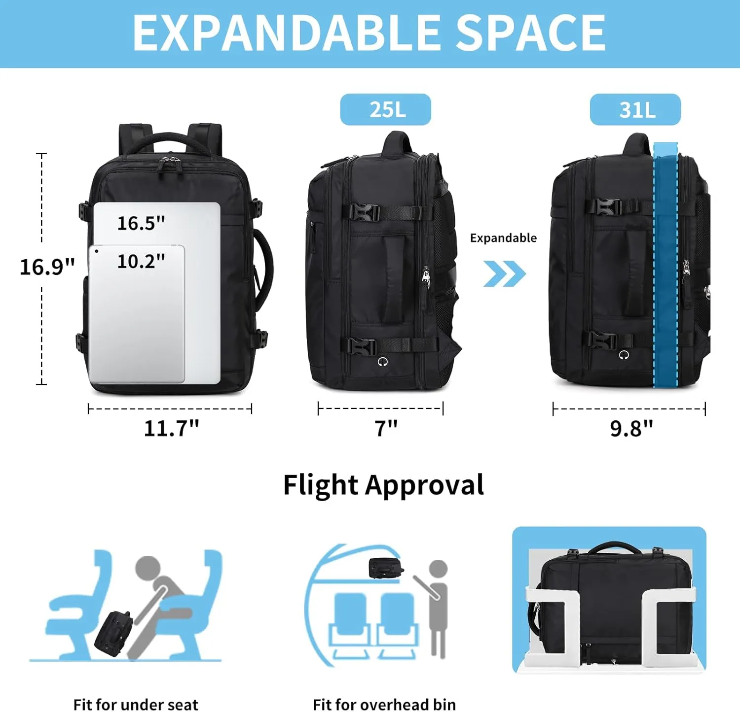 Travel Backpack for Women Carry On Flight Approved Casual Daypack Expandable 2” Laptop Backpack, 17inch 32 liters Black