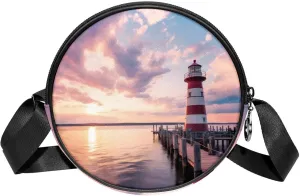 Travel Crossbody Bags for Women, Round, Shoulder Bag, sea and lighthouse