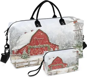 Travel Duffel Bag Barn Windmill Winter, Gym Bags with Multiple Interior Pockets for Men Women Toiletry Purse Included 20.5”x 1.9” x 13.8”