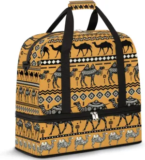 Travel Duffel Bag Ethnic Animal Camel Sport Gym Bag for Woman Man,Waterproof Foldable Weekend Overnight Bag for Yoga Workout Training with Shoe Compartment