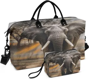 Travel Duffel Bag Large Weekender Overnight Bags for Women Men, Grey Elephant Tropical African Gym Bag with Toiletry Bag