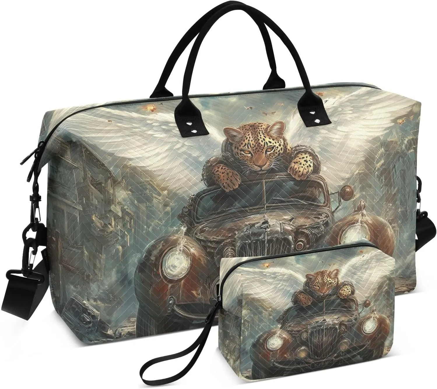 Travel Duffel Bag Leopard Wings Car, Gym Bags with Multiple Interior Pockets for Men Women Toiletry Purse Included 20.5”x 1.9” x 13.8”