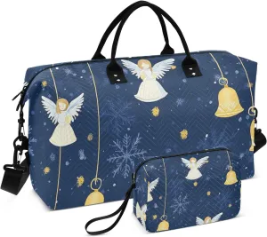 Travel Duffel Bags Carry On Weekend Bag Sports Tote Gym Bag with Adjustable Strap for Business Trips 2 Pcs Set Yellow Merry Christmas Bell Angel