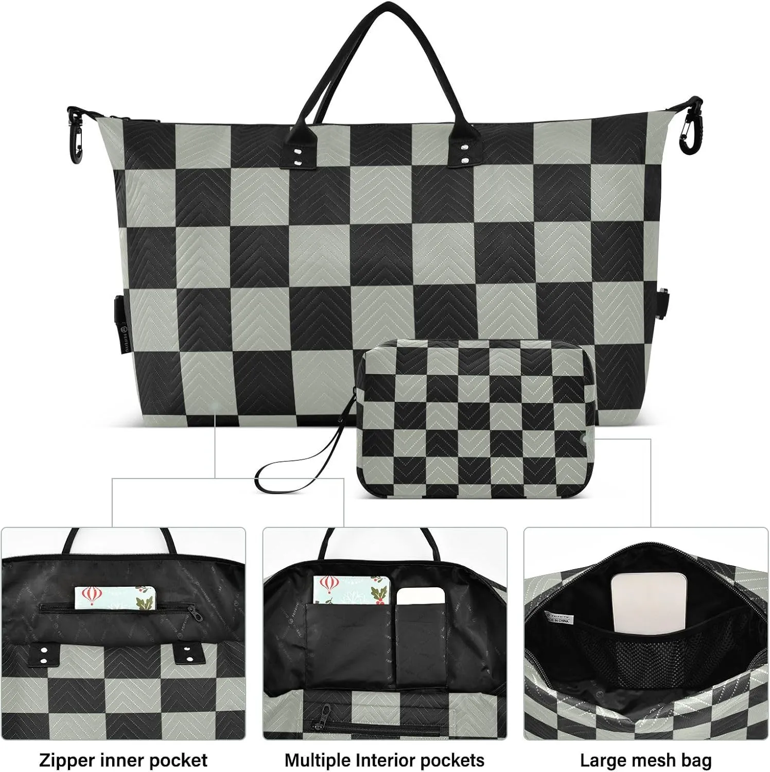 Travel Duffel Bags, Checkered Plaid Large Capacity Weekender Bags, Weekender Overnight Bag with Toiletry Bag, Gym Duffel Bag with Women and Men