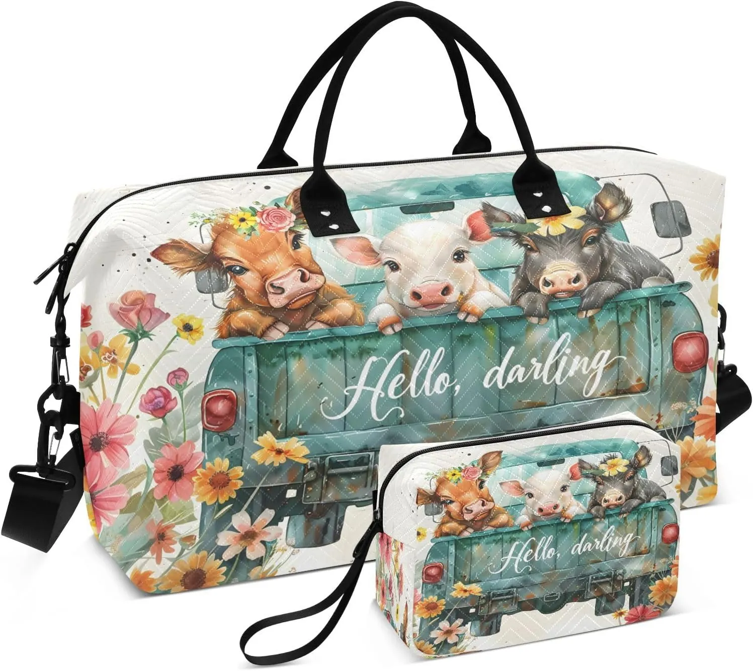 Travel Duffle Bag Gym Bag, Highland Cow Pig Donkey Weekender Bags for Women with Toiletry Bag Travel Tote Bag Swim Bag