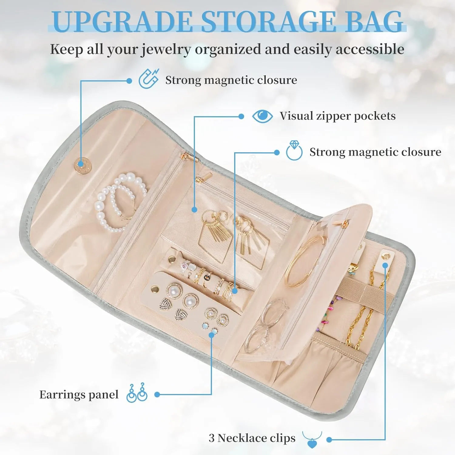 Travel Jewelry Holder Organizer Case, Foldable Jewelry Roll Storage Bag for Necklaces Rings Earrings Bracelets, Large, Grey